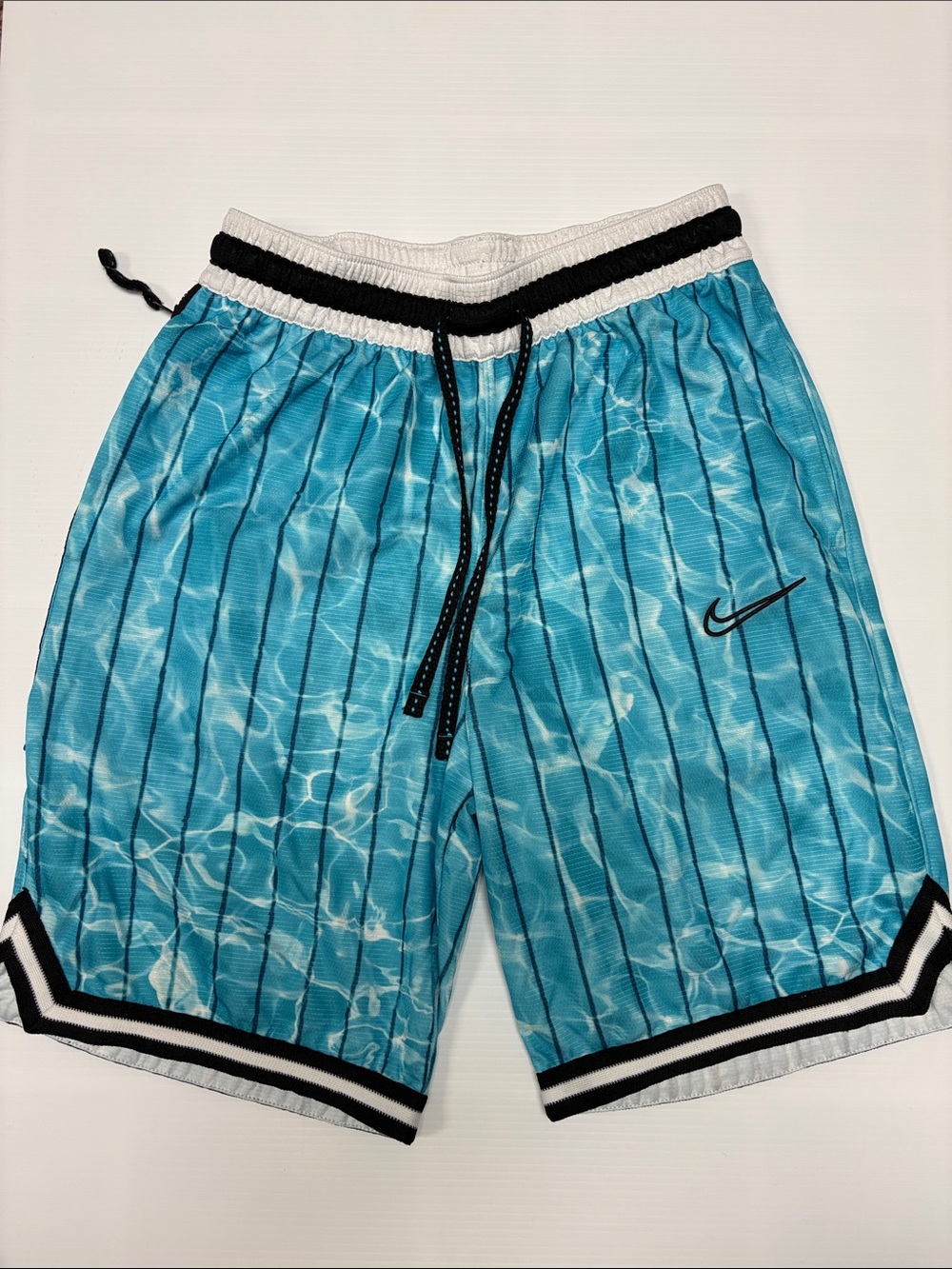 Boys Nike Aqua Blue Water-Pattern Basketball Shorts with Black Trim